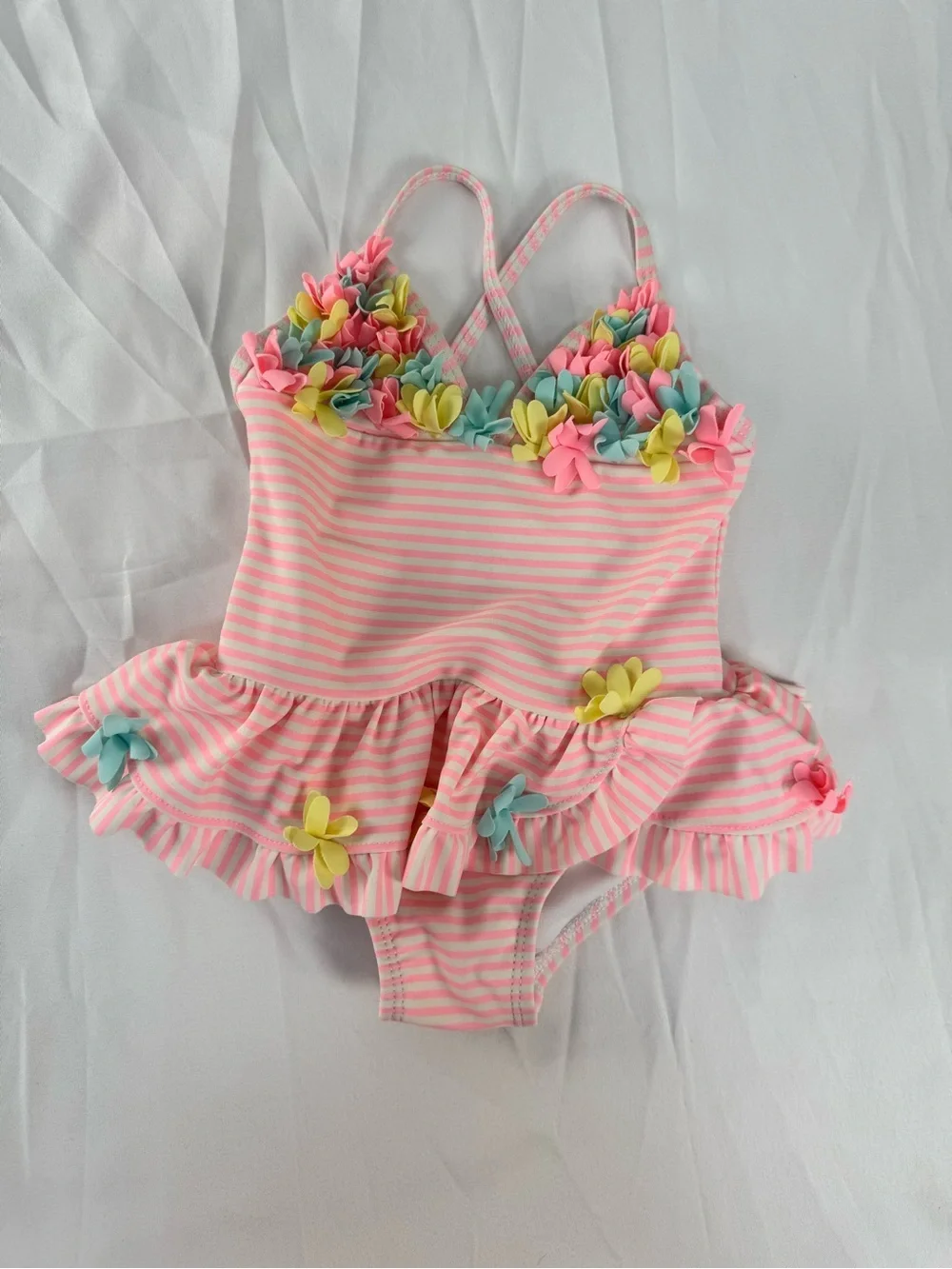 Pink Striped Floral Appliqué Girls One-Piece Swimsuit